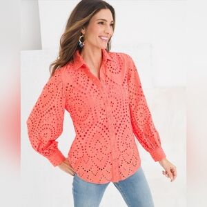 Chico's Eyelet Billow-Sleeve Blouse Orange Cotton